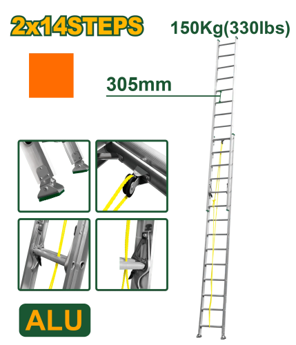 Scară retractabilă, aluminiu, 2*14 trepte, 7,62 m, 150 kg, JDLD8H28 Jadever